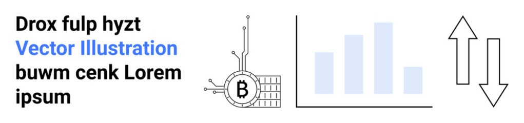 Bitcoin symbol on circuit board, bar graph with rising blue bars, double-sided arrows. Ideal for finance, technology, data analysis, investment, cryptocurrency, economic trends, web usage. Landing