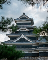 Matsumoto Castle framed by tree leaves