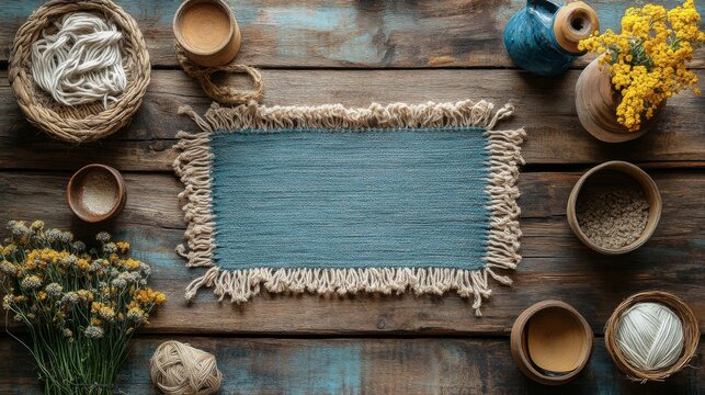 Macrame wall hanging decorated with pine branches and pinecones on wooden background
