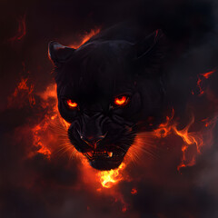 A fierce black panther with glowing red eyes, growling in the dark night sky, surrounded by swirling smoke and fire. The background is an ominous, stormy landscape, adding to its sense of danger. 