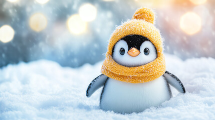A charming penguin in a cozy yellow hat and scarf stands in soft, fluffy snow with a blurred, festive background, exuding winter joy.