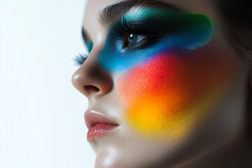 Fototapeta premium A close-up of a woman showcasing vibrant and colorful makeup with artistic designs, emphasizing unique features and bold colors.