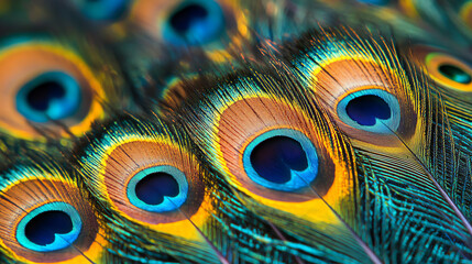 Obraz premium A close-up view of vibrant peacock feathers displaying stunning iridescent colors and intricate patterns. Perfect for nature and bird enthusiasts.