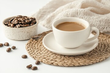 Fototapeta premium A cozy coffee setup featuring a cup of coffee, a bowl of coffee beans, and a natural woven mat background, perfect for morning vibes.