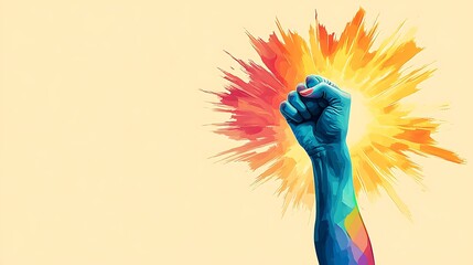 Obraz premium Raised rainbow fist of a woman for PRIDE month, Vibrant Raised Fist Celebrating Pride Month