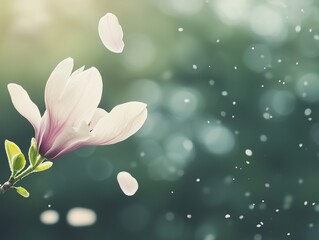 A magnolia petal gently falling through the air, closeup with a blurred background and ample copyspace for text