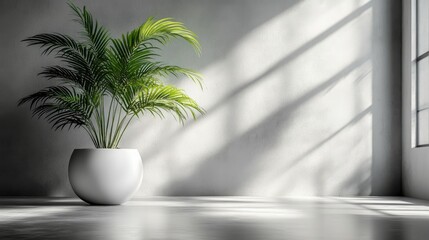 Fototapeta premium Sunlight flooding a modern room with a large green plant in a white pot near the window