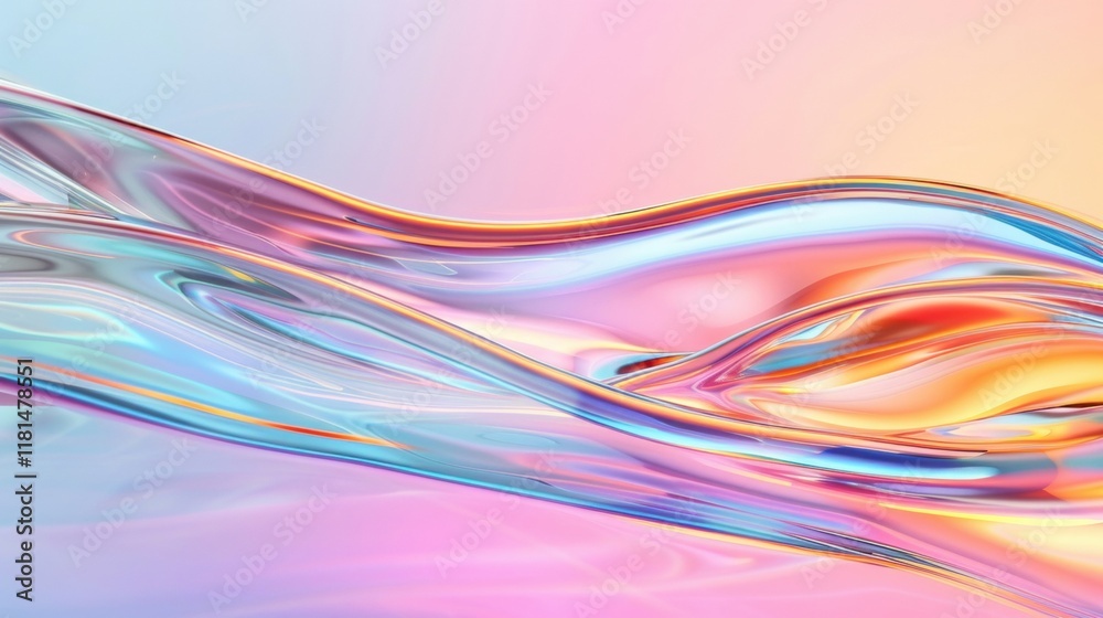Poster curving metallic shapes flow smoothly, showcasing a striking color gradient that shifts from soft pa