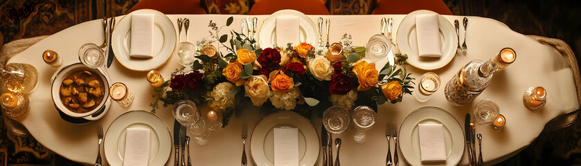 Elegant dining table setting with floral centerpiece.