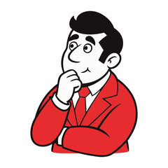 A vector cartoon of a puzzled businessman holding his chin and pondering, on a white background.