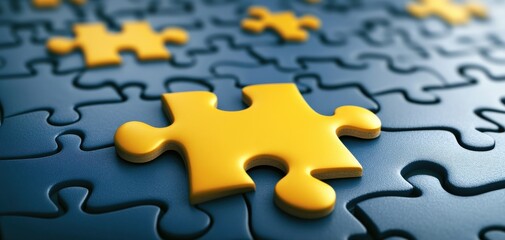 Obraz premium A close-up view of a vibrant yellow puzzle piece resting on a blue jigsaw puzzle, symbolizing fun, creativity, and problem-solving challenges.