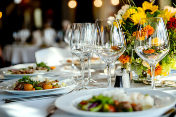 Elegant dinner table setting with food and flowers.
