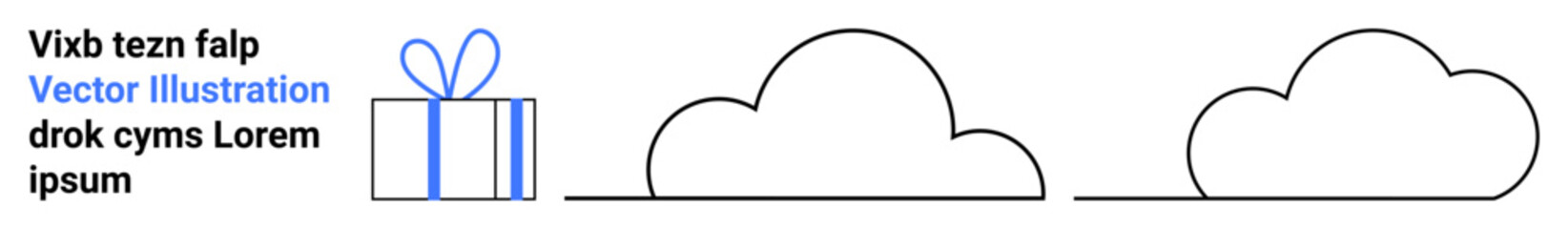Gift box with blue ribbon and two outlined clouds in the background. Placeholder text on the left. Ideal for holiday promotions, celebrations, website designs, greeting cards, advertisements