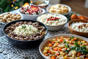 Fototapeta premium Delicious festive food spread, holiday meal.