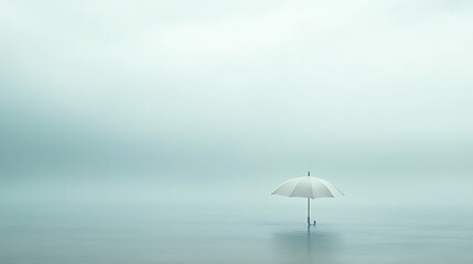 A serene scene featuring a white umbrella standing alone in calm waters, surrounded by mist and soft, muted colors.