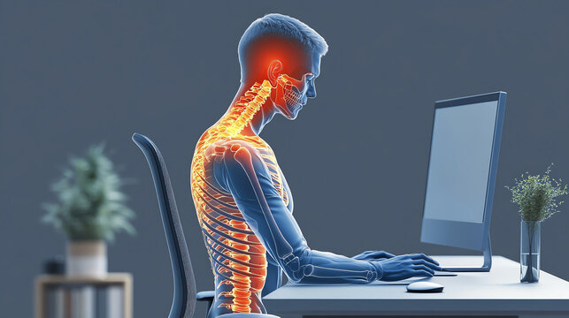 Human skeleton model sitting at desk, highlighting spine and neck