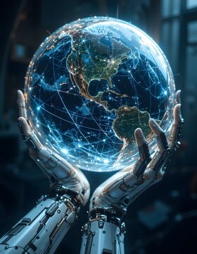 Cyberborg holding an illuminated globe with care in his hands, Abstract futuristic, 3D rendering, Artificial intelligence (AI), neural network, sci-fi, sphere, planet
