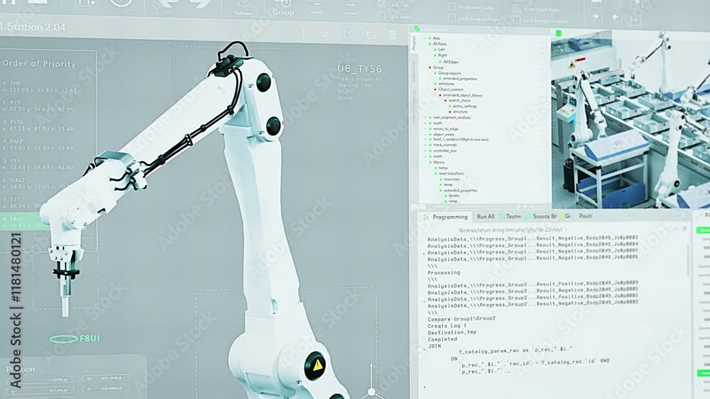 Leinwandbilder Close Up of a Computer Monitor Display with 3D Software User Interface with Animated Digital Robotic Arm Operation Tool. Concept of Technological Research and Development Application at a Factory