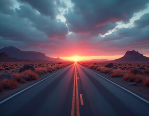 A long, straight road leading towards a sunset in a desert landscape.