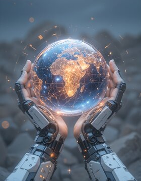 Cyberborg holding an illuminated globe with care in his hands, Abstract futuristic, 3D rendering, Artificial intelligence (AI), neural network, sci-fi, sphere, planet


