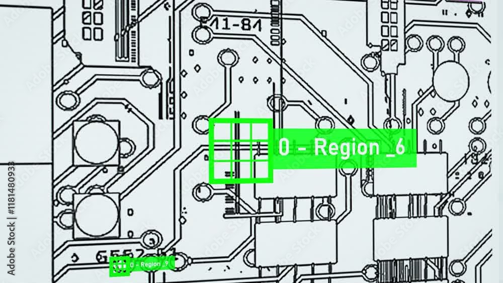 Fototapete Close Up of a Computer Screen with a Digital Circuit Board Scheme in a Software for Electronics Engineers. Application Testing Digital Electronic Diagram Design of a Circuit Motherboard