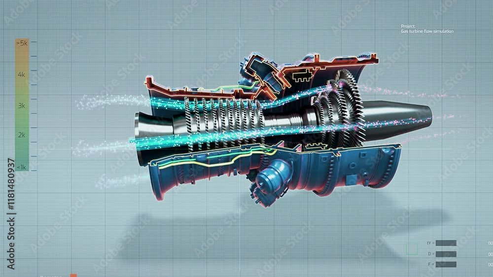 Fototapete Close Up of a Computer Monitor Display with 3D CAD Software with Prototype Jet Engine Project. Engineer Running a Digital Simulation, Animation Showing How Gas Flows Inside the Turbine