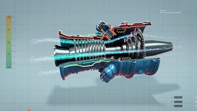 Close Up of a Computer Monitor Display with 3D CAD Software with Prototype Jet Engine Project. Engineer Running a Digital Simulation, Animation Showing How Gas Flows Inside the Turbine