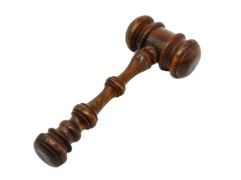 justice gavel isolated on transparent or white background, png mallet cutout