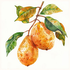 Watercolor Pears on Branch with Leaves