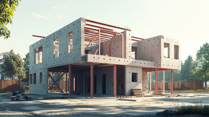 Modern house structure under construction with concrete walls and steel framework