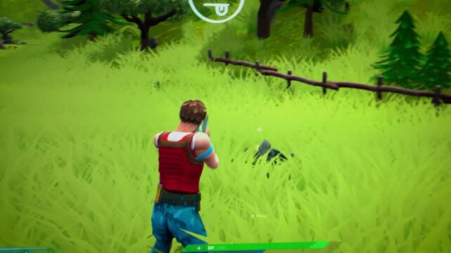 Arcade Shooter Video Game on Computer Screen. Gameplay of a 3D Third-Person View Online Multiplayer Battle. Fun Tactical Arcade with Colorful Hero Characters Running, Fighting, Shooting Guns, Winning