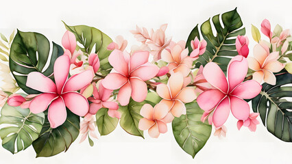 A tropical watercolor pattern of frangipani flowers and leaves, perfect for creating a summery or exotic feel.