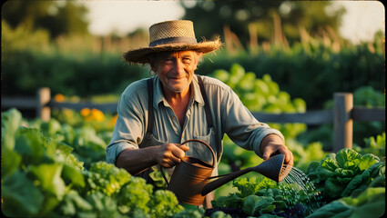 A warm and nostalgic cinematic photograph of a weathered man, likely in his sixties, with a worn straw hat, wrinkled skin, and a gentle yet rugged expression, holding a rusty watering can and carefull
