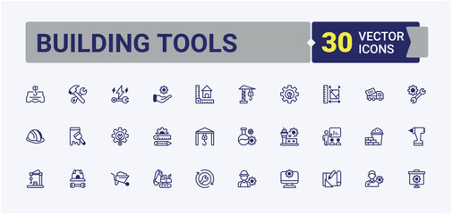 Building Tools line icons set. Containing screwdriver, plumbing, build, helmet, construction, drill, builder and more. Simple line vector. Editable vector outline and solid icons.