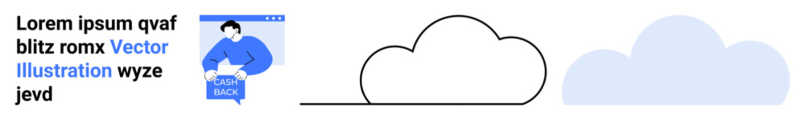 Person in blue, text block, cloud shapes colors in blue and black. Ideal for web design, digital marketing, app interfaces, tech blogs, software presentations, cloud computing, online courses