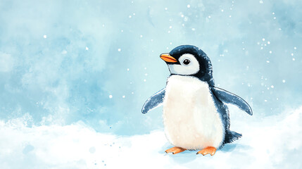Naklejka premium Cute penguin standing on snow with a soft, snowy background, looking curiously in the winter scene, perfect for holiday themes.