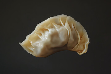 Delicious dumpling captured on a dark background, showcasing its delicate texture and golden hue, perfect for culinary presentations.