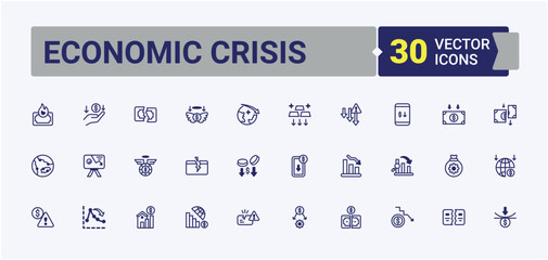Economic Crisis minimal icon set. Contains such icons as bankrupt, down, depression, economy, bank, money, house, fall. Minimal icons. Editable vector icon and illustration.