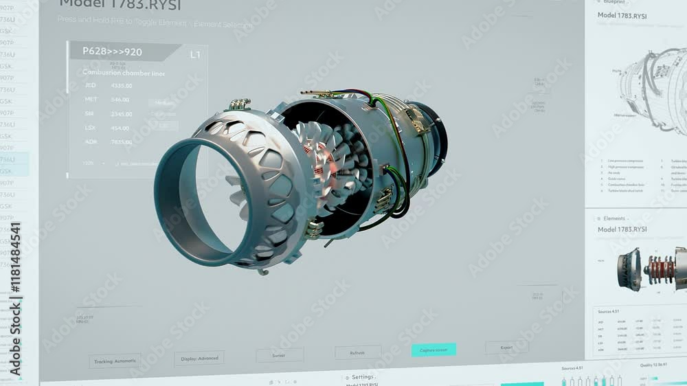 Aufkleber Computer Screen with an Industrial Engineering Software with a High Pressure Compressor on Display. User Interface with Detailed Information on All Jet Engine Parts and Functions