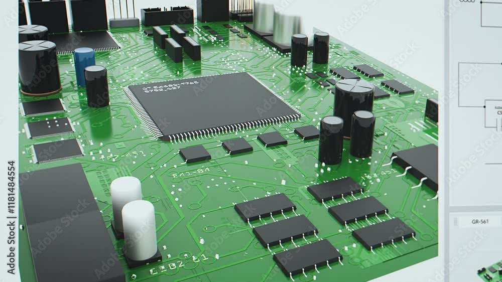 Aufkleber User Interface of Professional CAD Computer Software with Digital Diagram of Circuit Board Being Designed. Modern Motherboard Design Process with Microchips for Electronic Devices and Server Rooms