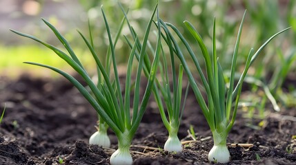 Spring onions plants growing outside