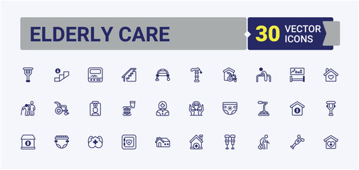 Elderly Care icons set in linear style. Includes thin line walk, medical, support, stick, wheelchair, health and more. Minimal icons. Solid line editable vector illustration.