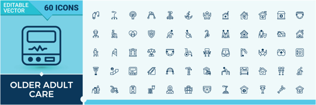 Older Adult Care icons set in linear style. Contains related to people, man, disable, grandfather, grandchild, disabled, home and more. Thin linear style icons. Editable vector icon and illustration.