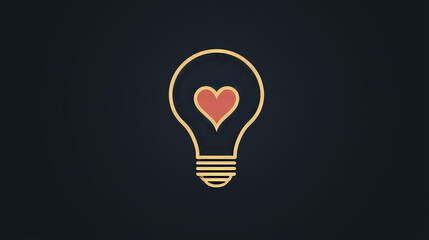 Minimalist Light Bulb Pictogram with Heart in Gold and Crimson on Black Background