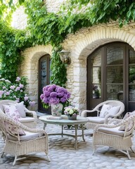 Obraz premium Shabby chic courtyard with stone archways and floral decor