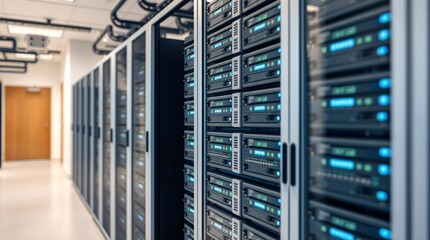 Modern data center server room with rack cabinets
