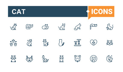 Cat icons set. Contains such icons as hand, bone, domestic, art, animal, pack and more. Perfect for logos and infographics. Outline and solid pictogram.