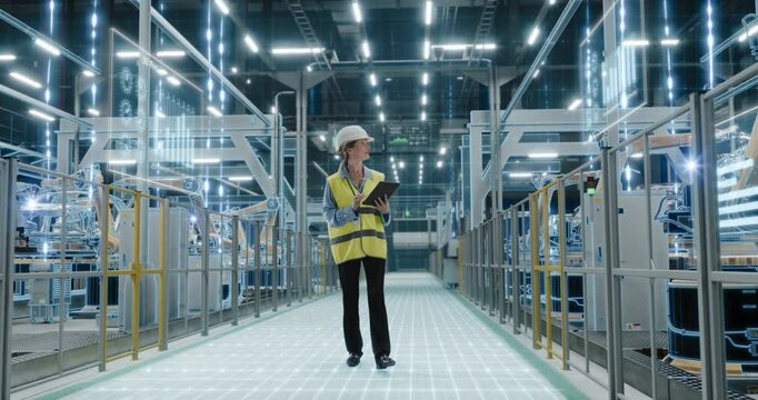 Female Engineer Walking with Laptop Through an Automated Vehicle Assembly Line with Robotic Arms Working on Car Frames. Futuristic AI Computer Vision Analyzing, Scanning Conveyor Line, Showing Data