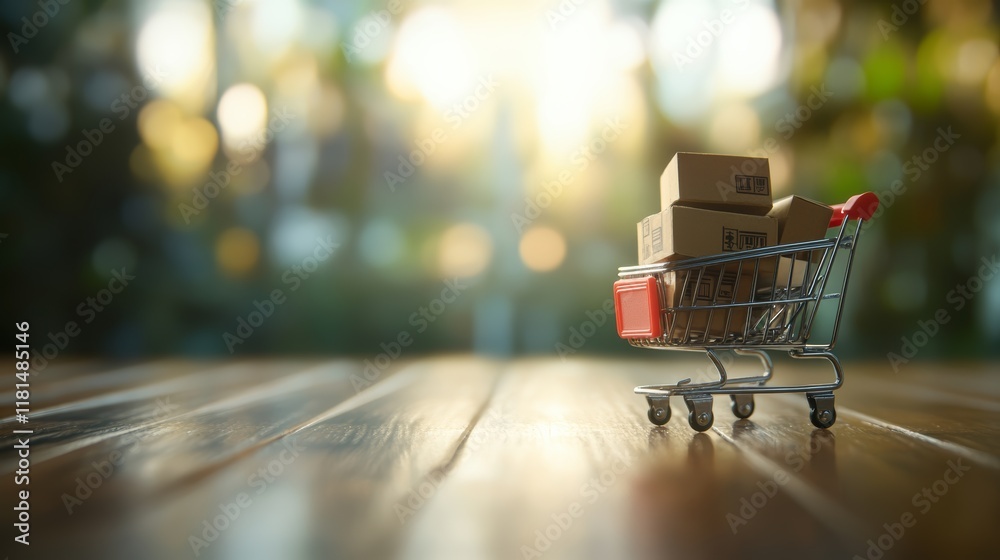 Poster miniature shopping cart carrying cardboard boxes is standing on a wooden table with blurred backgrou