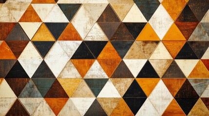 Geometric pattern, triangular tiles, various wood tones.